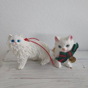 Vintage White Cat Christmas Ornament 1980's Enesco Pair 2 Ornaments Blue Eyes